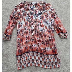 Beach Lunch Lounge Ikat Print Beach Coverup-Boho Tassel Tie Tunic-Orange/Navy M